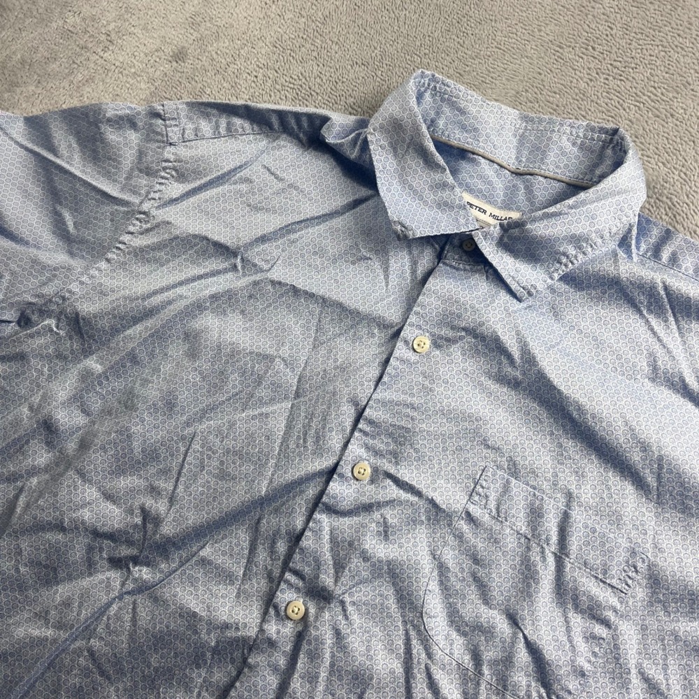Peter Millar Mens XXL Blue Geometric Floral Short Sleeve Button Down Shirt MS24W
